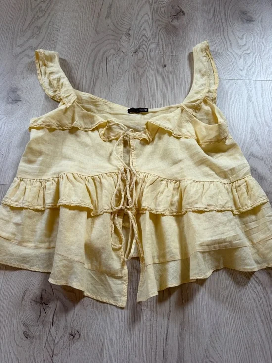 Zara Linen Lace Trim Ruffled Top In Light Yellow Sz. M - Picture 4 of 6